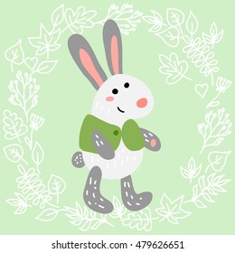 Cute rabbit on leaves background vector illustration