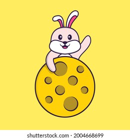 Cute rabbit is on the moon. Animal cartoon concept isolated. Can used for t-shirt, greeting card, invitation card or mascot.