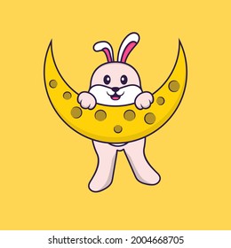 Cute rabbit is on the moon. Animal cartoon concept isolated. Can used for t-shirt, greeting card, invitation card or mascot.