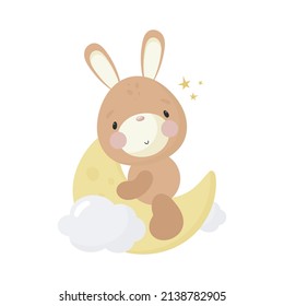 Cute Rabbit on the moon. Cartoon style. Vector illustration. For kids stuff, card, posters, banners, children books, printing on the pack, printing on clothes, fabric, wallpaper, textile or dishes.