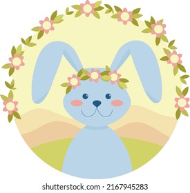 Conejo lindo en el fondo de la naturaleza. Símbolo del nuevo año. Hola postal primavera. Ilustración vectorial de dibujos animados planos.