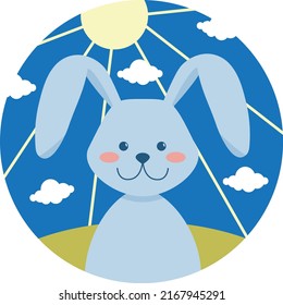 Cute rabbit on nature background. Symbol of the new year. Hello spring postcard. Flat cartoon vector illustration.