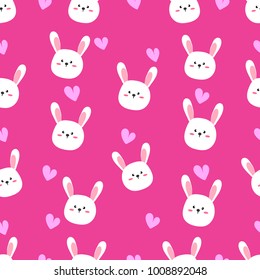 Cute rabbit on pink background with tiny heart seamless pattern. Vector illustration.