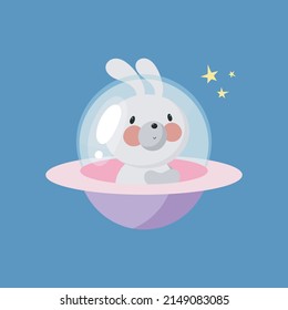 Cute Rabbit on the the spaceship. Cartoon style. Vector illustration. For kids card, posters, banners, children books, printing on the pack, printing on clothes, fabric, wallpaper, textile or dishes.
