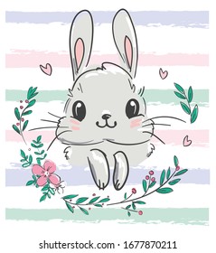 Cute rabbit on the striped background of a floral sketch ornament. stock. Childish design print for textiles.