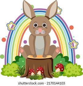 Cute rabbit on stump in flat cartoon style illustration