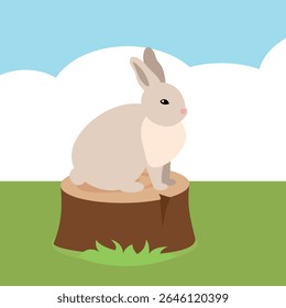 Cute rabbit on a stump. Vector illustration in flat style.