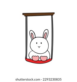 Cute Rabbit on swing hanging Cartoon Mascot Character Vector illustration color children cartoon clipart