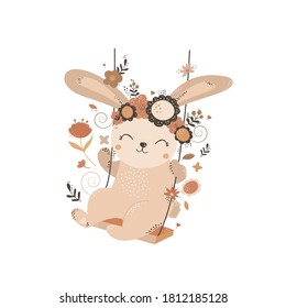 cute rabbit on a swing made of flowers. vector illustration
