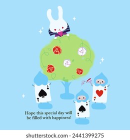 cute rabbit on tree looking down fairy tale cards on blue background
