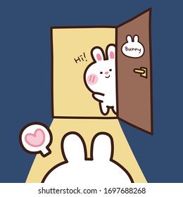 Cute rabbit open the door and say hi hand drawn background. Cute cartoon character design.Light out from bunny room.Kawaii animal doodle.Kid graphic style.Greeting.Vector.Illustration.