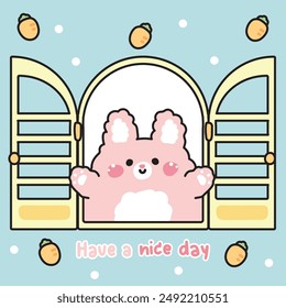 Cute rabbit open the window with carrot background.Have a nice day text.Easter.Rodent animal character cartoon design.Image for card,sticker,baby product.Kawaii.Vector.Illustration.