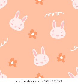 cute rabbit and orange flower, seamless pattern, orange background.