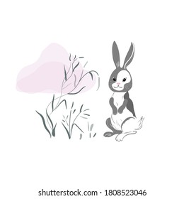 Cute rabbit in oriental style with a grass and pink cloud on a white background. White hare with gray spots. 