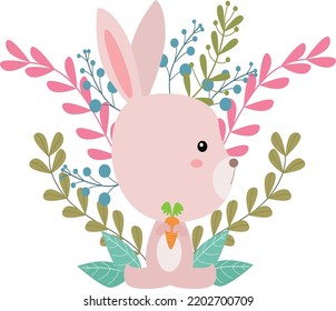 cute rabbit with ornamental leaves, illustration vector graphic