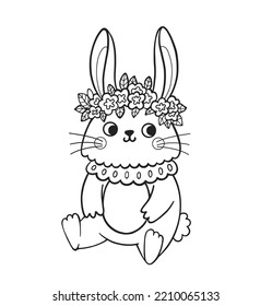 Cute rabbit outline cartoon character. Little bunny wearing flower crown. Coloring book page template for kids and children, doodle print, vector contour illustration.