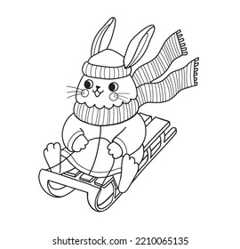 Cute rabbit outline cartoon character. Bunny rolling down hill on sled. Coloring book page template for kids and children, doodle print, vector contour illustration.