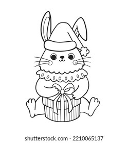 Cute rabbit outline cartoon character. Little bunny in christmas hat with gift box. Coloring book page template for kids and children, doodle print, vector contour illustration.