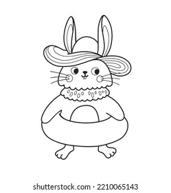 Cute rabbit outline cartoon character. Bunny in straw hat with swim ring. Coloring book page template for kids and children, doodle print, vector contour illustration.