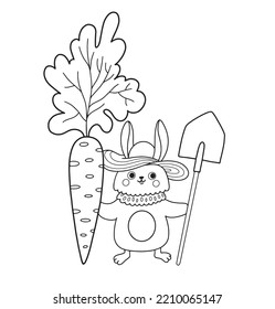 Cute rabbit outline cartoon character. Bunny farmer with big carrot and shovel. Coloring book page template for kids and children, doodle print, vector contour illustration.