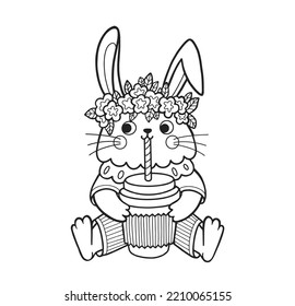 Cute rabbit outline cartoon character. Little bunny with paper coffee cup. Coloring book page template for kids and children, doodle print, vector contour illustration.