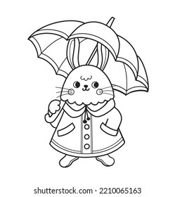 Cute rabbit outline cartoon character. Bunny with umbrella, wearing rain coat. Coloring book page template for kids and children, doodle print, vector contour illustration.