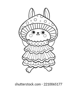 Cute rabbit outline cartoon character. Bunny girl wearing fly agaric mushroom hat. Coloring book page template for kids and children, doodle print, vector contour illustration.