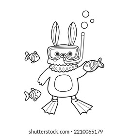 Cute rabbit outline cartoon character. Bunny in scuba floating with fish. Coloring book page template for kids and children, doodle print, vector contour illustration.