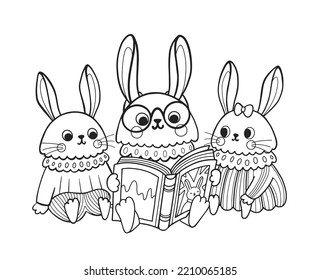 Cute rabbit outline cartoon character. Bunny mom reading fairy tale book to children. Coloring book page template for kids and children, doodle print, vector contour illustration.