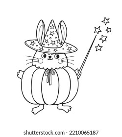 Cute rabbit outline cartoon character. Bunny wearing pumpkin halloween costume, holding magic wand. Coloring book page template for kids and children, doodle print, vector contour illustration.