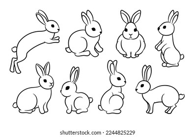 Cute rabbit outline set. Easter bunny icons line art. Spring animal logo sign. Chinese New Year 2023 of the rabbit symbol. Hare silhouette isolated on white background. Domestic animal pet. 