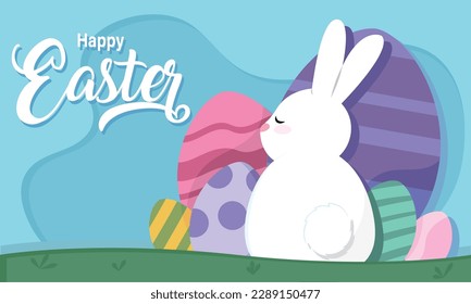 Cute rabbit with painted easter eggs Happy easter Vector