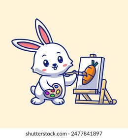 Cute Rabbit Painting Carrot Cartoon Vector Icon Illustration. Animal Education Icon Concept Isolated Premium Vector. Flat Cartoon Style