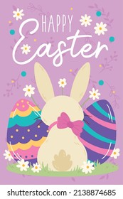 Cute rabbit with a pair of painted eggs Easter week invitational card Vector