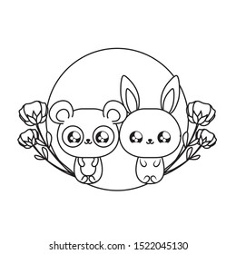cute rabbit with panda bear baby animals kawaii vector illustration design