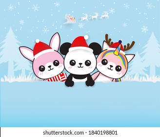 cute rabbit, panda and unicorn meeting in forest,dchristmas, winter happy new year,paper cut