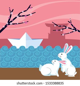 cute rabbit and paper ship on the water over pink background, happy mid autumn festival colorful design, vector illustration