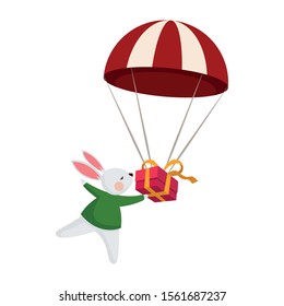 cute rabbit with parachute with gift box icon over white background, vector illustration