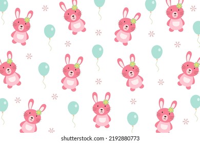 Cute rabbit pattern with ballon and snowflakes isolate on white background. Creative for print, screen, wallpaper, textile or cover.Vector.Illuatration.