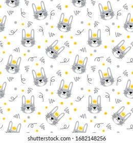 Cute rabbit pattern, pretty grey bunny with dot and line art design vector illustration
