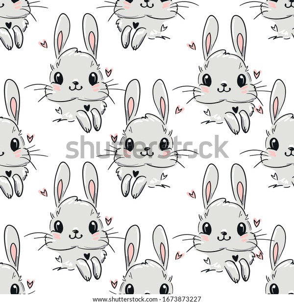 Cute Rabbit Pattern Seamless Hand Drawn Stock Vector (Royalty Free ...