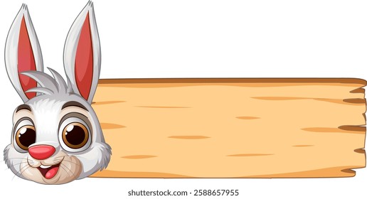 Cute rabbit peeking from behind a wooden sign