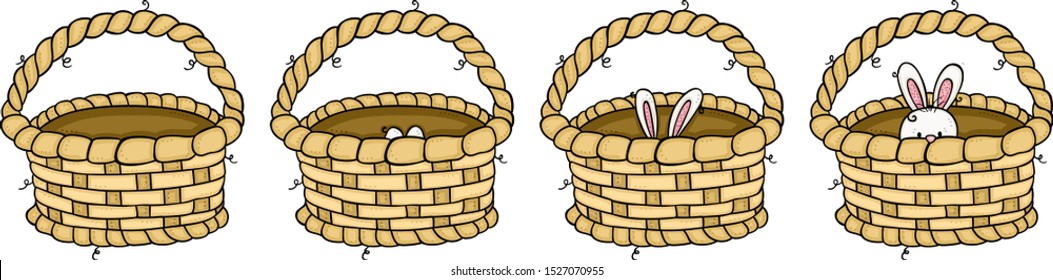 Cute rabbit peeking in different positions inside of a basket