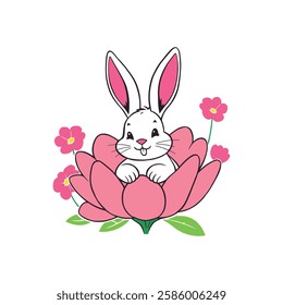 Cute Rabbit Peeking from Pink Flower Cartoon Vector Illustration