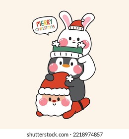 Cute rabbit and penguin stay on santa claus with merry christmas text.Funny character design.Animal hand drawn.Winter.Isolated.Kawaii.Vector.Illustration.