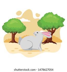 Cute rabbit pet animal cartoon in the nature background scenery, vector illustration graphic design.