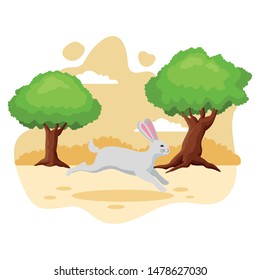 Cute rabbit pet jumping animal cartoon in the nature background scenery , vector illustration graphic design.