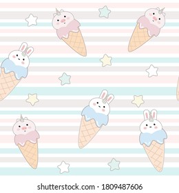 cute rabbit and piggy cartoon ice cream with stars seamless vector pattern background illustration