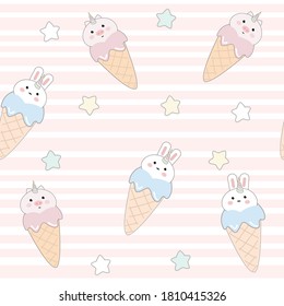 cute rabbit and piggy unicorn ice cream cartoons with stars seamless vector pattern background illustration