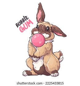 Cute rabbit with pink bubble gum. Bubble gum - lettering quote. Fluffy bunny for posters, postcards, t-shirt prints. Vector hand drawn style illustration.